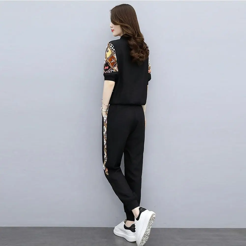 

Gym Suit for Women Zippered Lapels Suit Stylish Women's Tracksuit Set Printed Sweatshirt Pants with Drawstring Plus Size Long