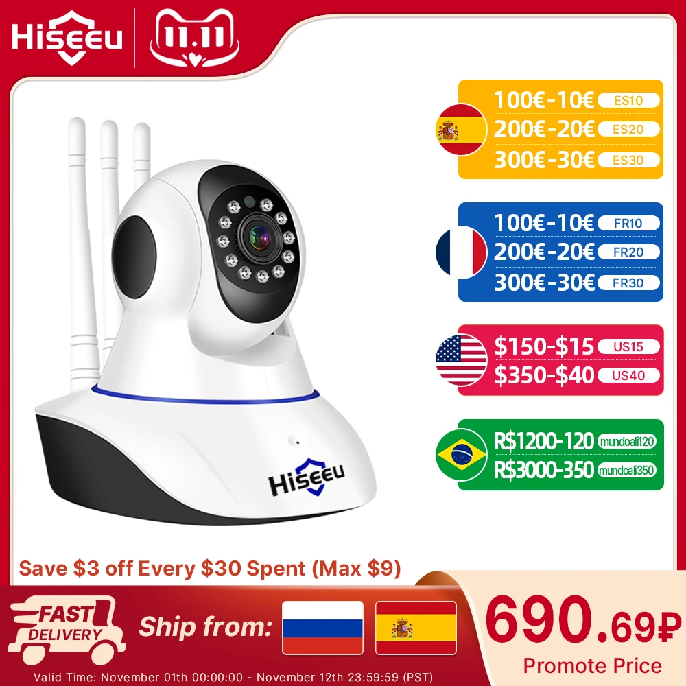  Hiseeu 3MP 5MP PTZ IP Camera WIFI Wireless Smart Home Security Surveillance Camera Two-way Audio Baby Pet Monitor Video Record