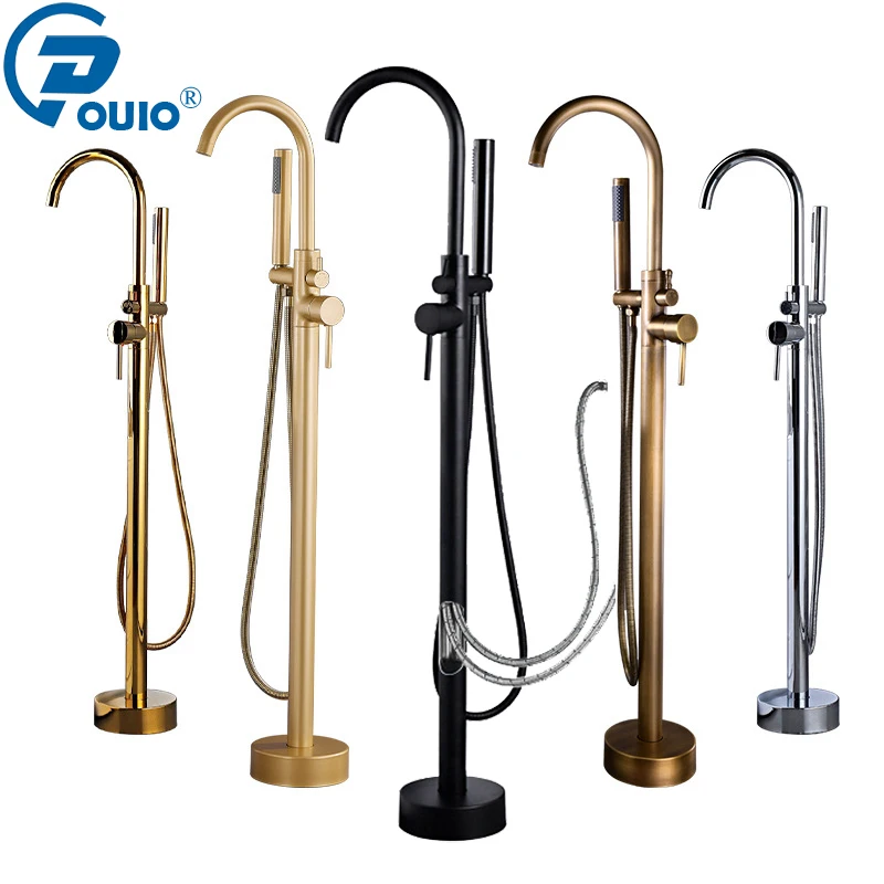 OUIO Matte Black Wall / Floor Mounted Bathtub Shower Faucet Dual Handle Freestanding Swivel Spout Faucet Clawfoot Bathtub Mixer shower set bathtub faucet shower faucet water mixer
