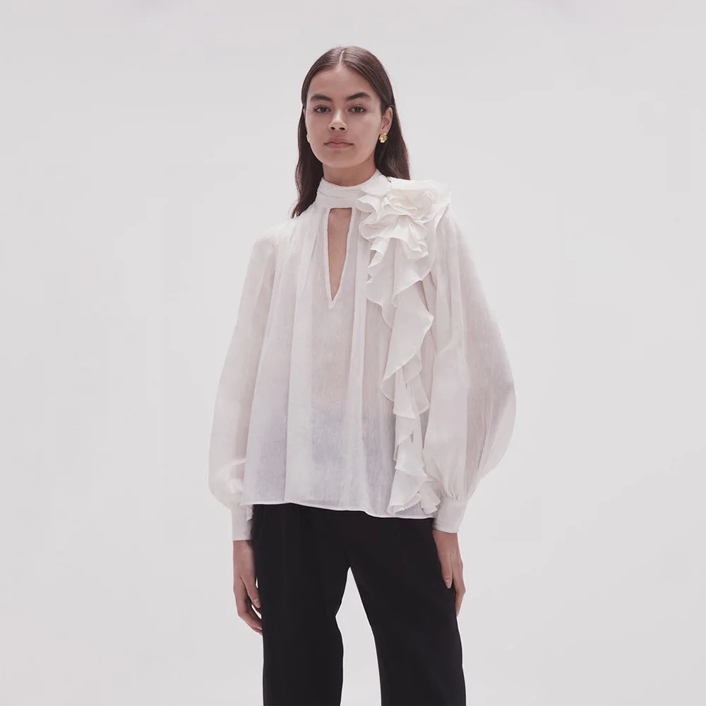 

2023 new ruffled tie deep V lantern sleeve blouse French court thin long-sleeved blouse female