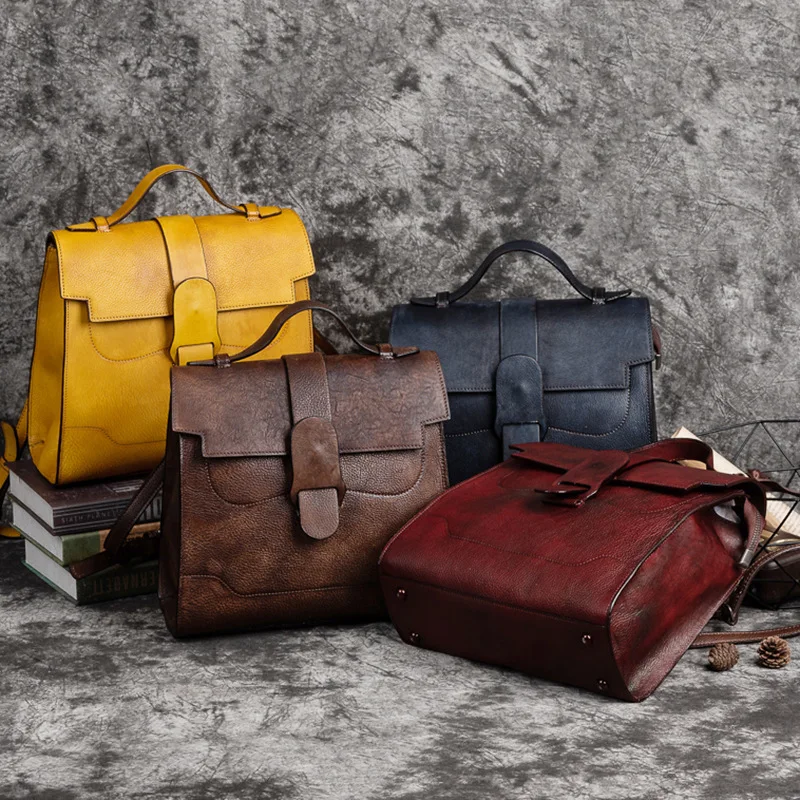Vintage Women Genuine Leather Backpack Solid Pattern First Layer Cowhide Travel Bags Retro Real Cow Leather Double Shoulder Bag 4