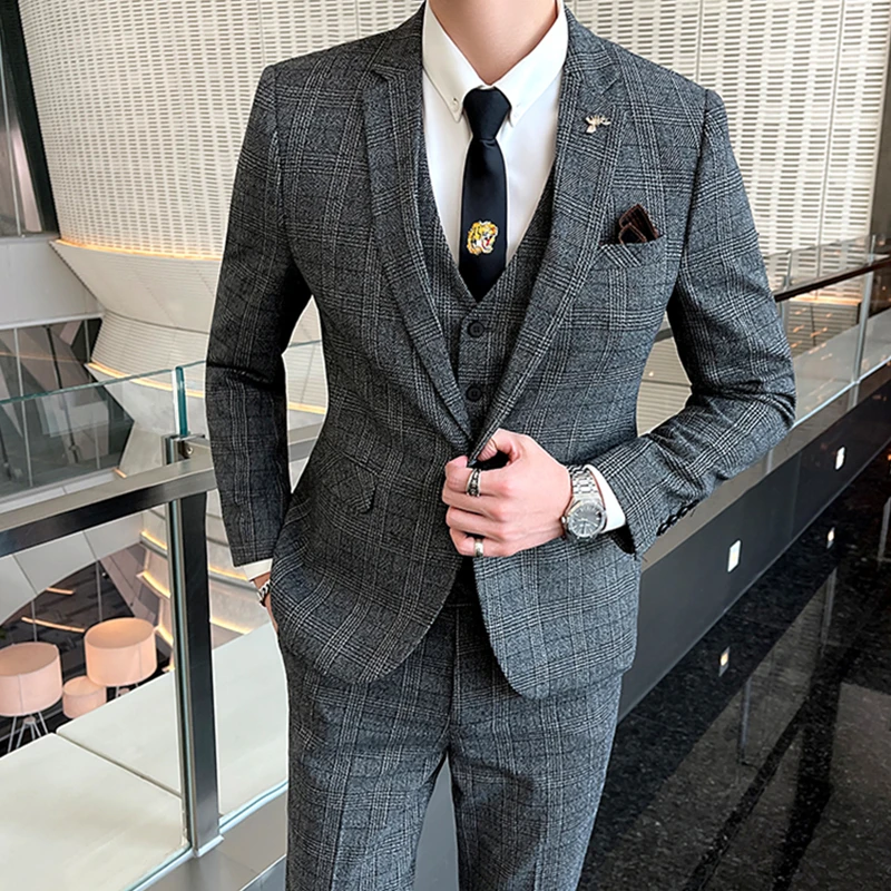 

3 Pcs Set Blazers Jacket Pants Vest / 2023 Fashion Men's Casual Boutique Business Striped Groom Wedding Suit Trousers Waistcoat