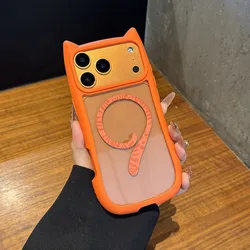 Adorable Cat Ear Transparent Armor Case with Wrist Strap Chain for iPhone 14 (Orange DK)