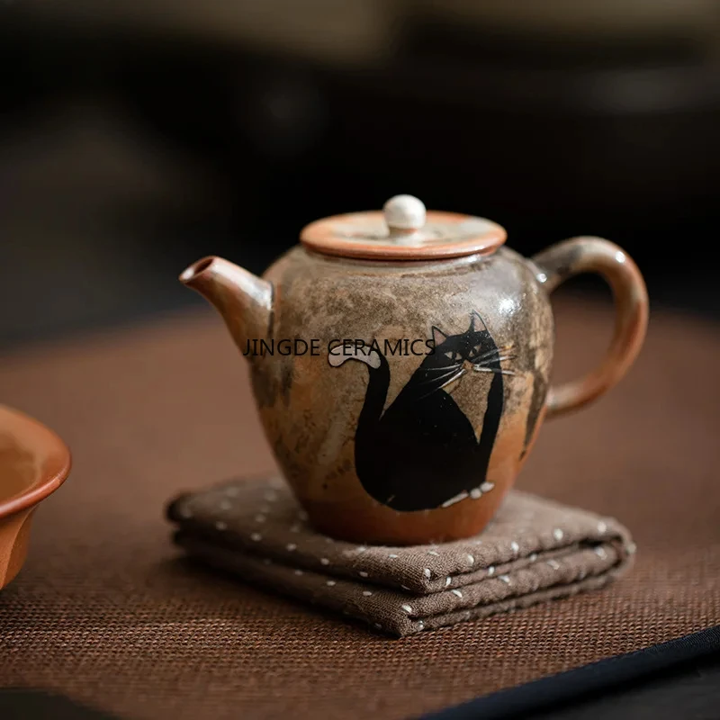120ml Japanese Wood-fired Porcelain Zhiye Teapot Handmade Gilt Silver Silver Cat  Pot Tea Brewing Kettle Drinkware Decoration