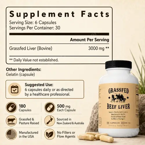 Grass Fed Beef Liver Capsules 180 Count 500mg Each Bovine Liver 3000mg Per Serving Whole Food Daily Nutrition - Image 4