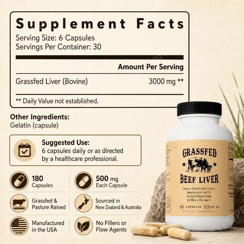 Grass Fed Beef Liver Capsules 180 Count 500mg Each Bovine Liver 3000mg Per Serving Whole Food Daily Nutrition - Image 4