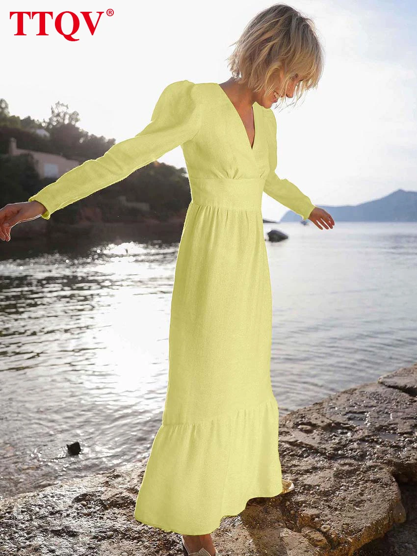 

Элегантное желтое женское платье TTQV с V-образным вырезом, уличная мода, новые однотонные платья с длинным рукавом, осенние платья до щиколотки с высокой талией