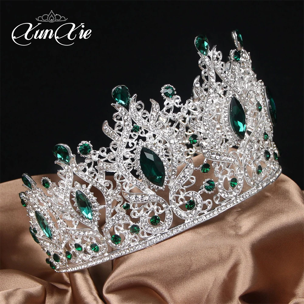 

XunXie Vintage Emerald Gemstone Women Crowns Wedding Crown Bride Tiara Crystal Luxury Old Fashion Gift Headpiece Accessories