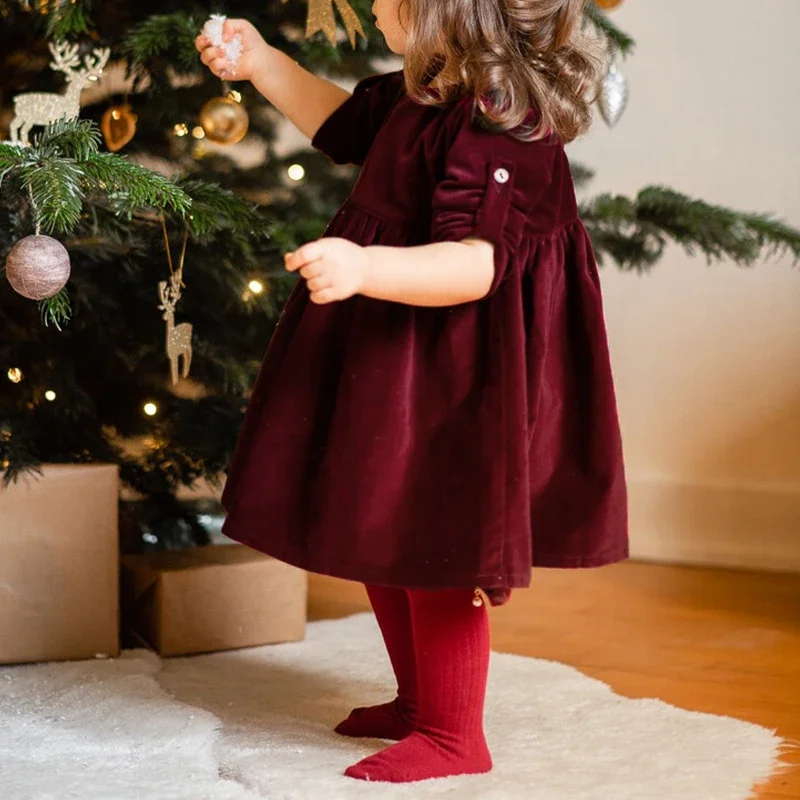 Chic Christmas Red Evening Party Velvet Dress Girls Solid Color Loose Long Sleeved Autumn Dresses Toddler Kids Clothes