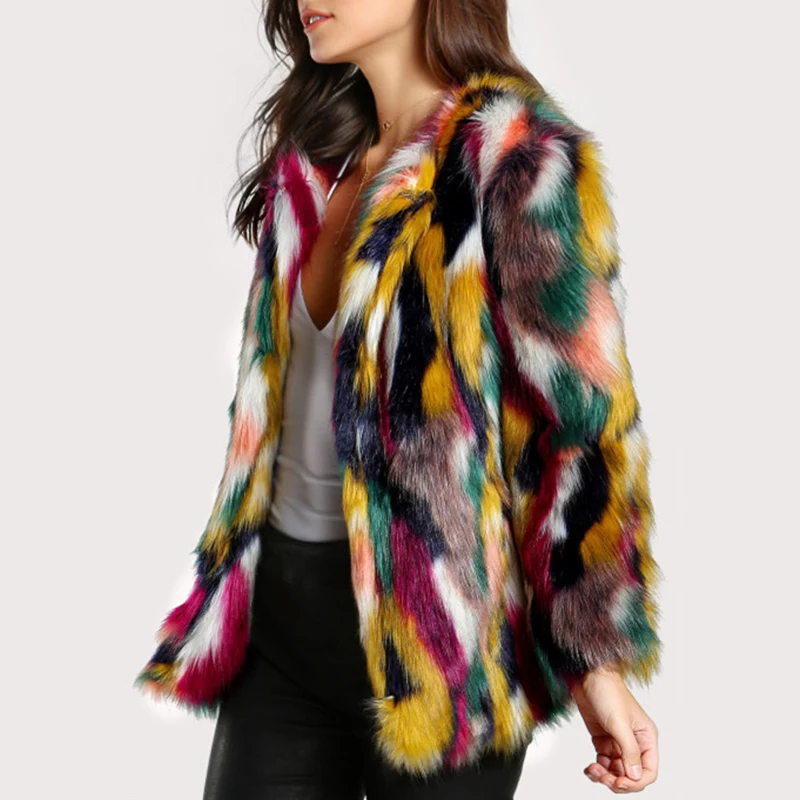 Colorful Fur Jacket Women 2023 Autumn Winter Long Sleeve Fluffy Top Faux Fur Coat Hairy Shaggy Outwear Fashion Streetwear