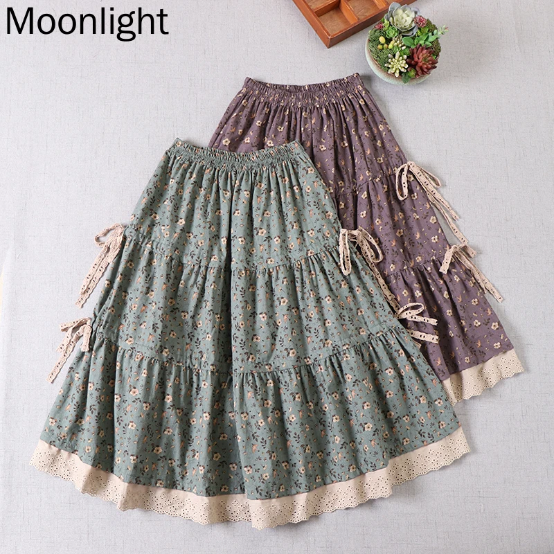 Japanese Mori Girl Literary Floral Skirts For Women Vintage Splicing Cake Skirt Autumn Printed A-Line Cotton And Linen Skirt