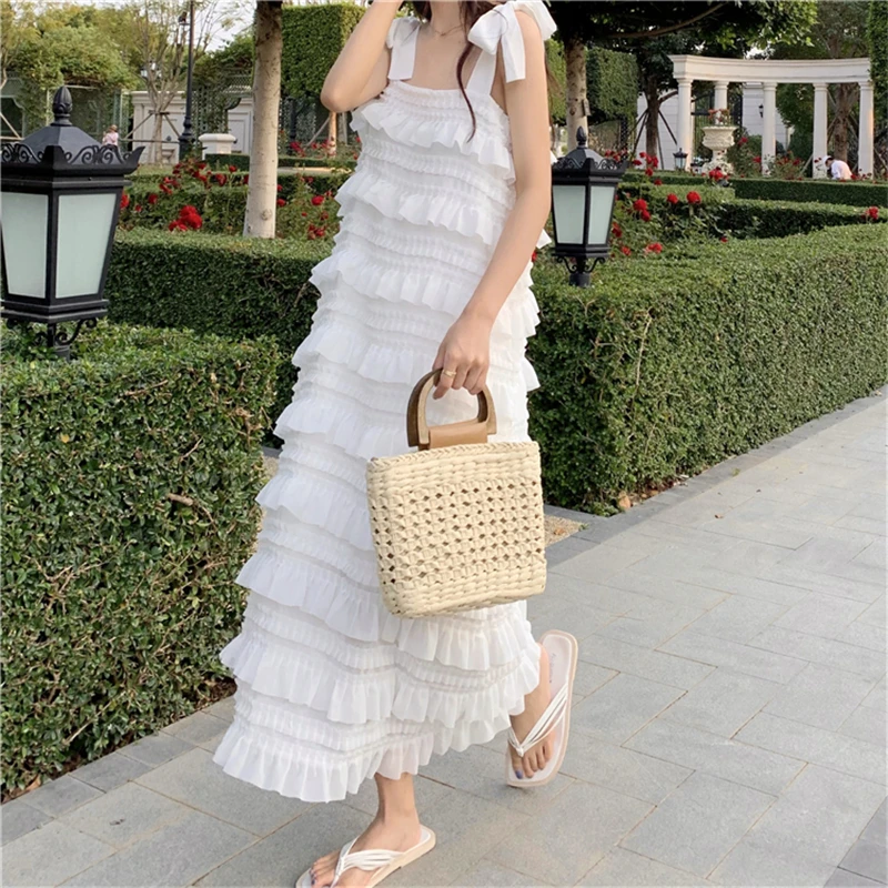 

TPJB Long Dress Summer Fashion New Loose High Waist Strap Sleeveless Black Strapless Maxi Dresses Fairy Trendy White Cake Skirt