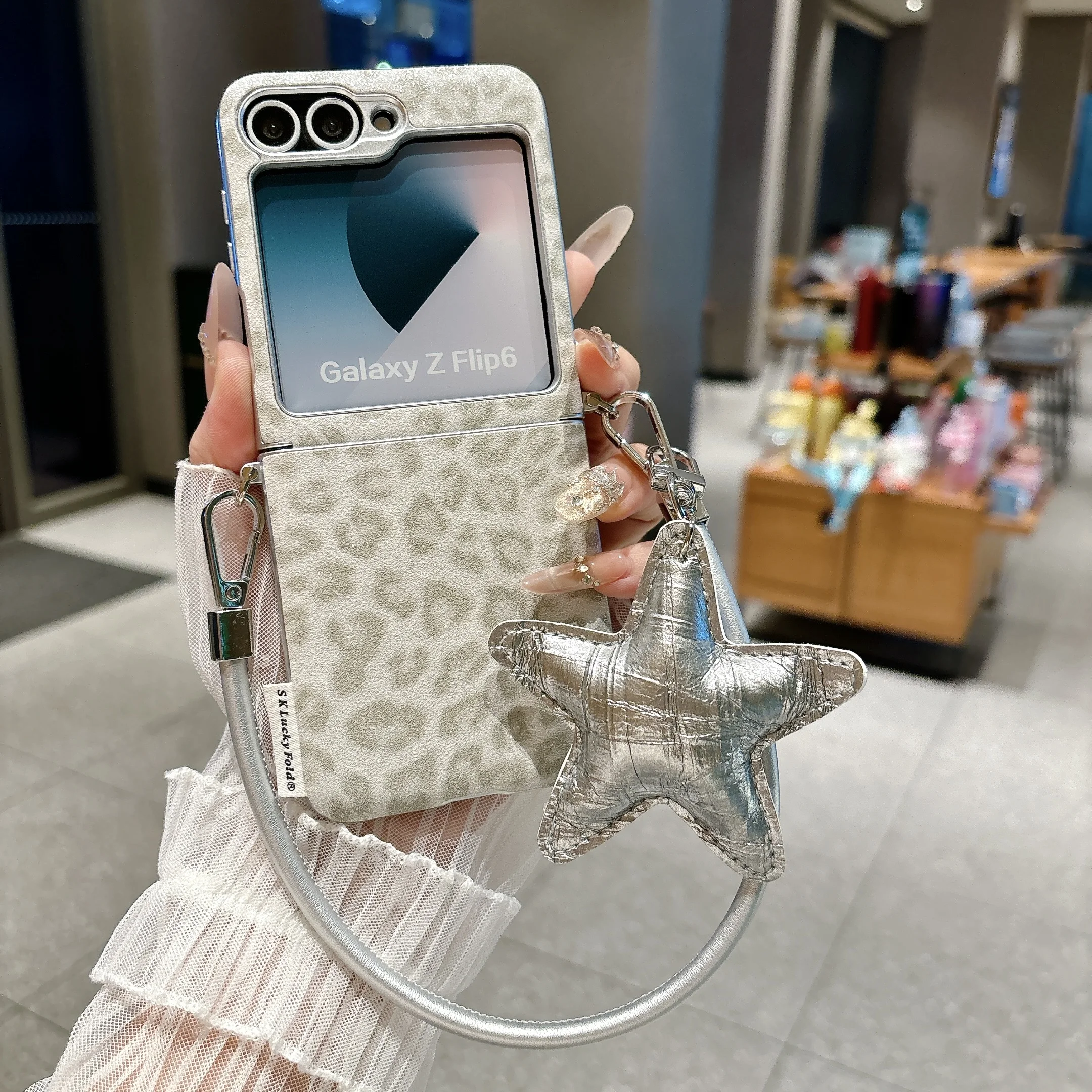 Korean Gray Leopard Print Phone Case with Star Hand Rope - Cute Protective Cover