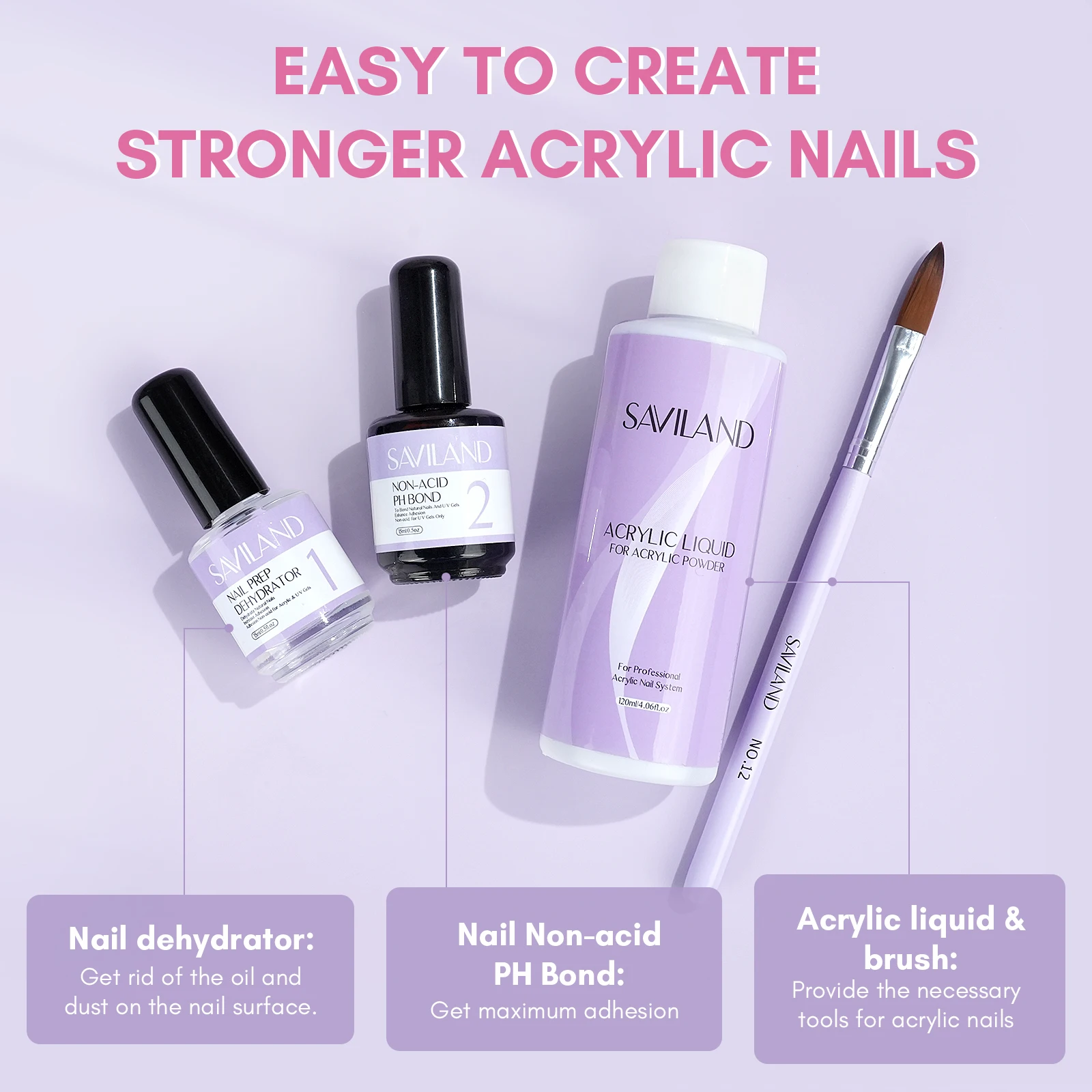 Saviland 120ML Monomer Acrylic Nail Liquid with Dehydrator and Non-acid PH Bond for Acrylic Powder Nails Extension Nail Brush 2