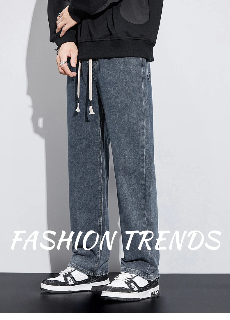

2024 Autumn And Winter New Elastic Waist Jeans Men's Straight Loose Casual Pants Fashion Wide Leg Drop Feeling Fleece Pants