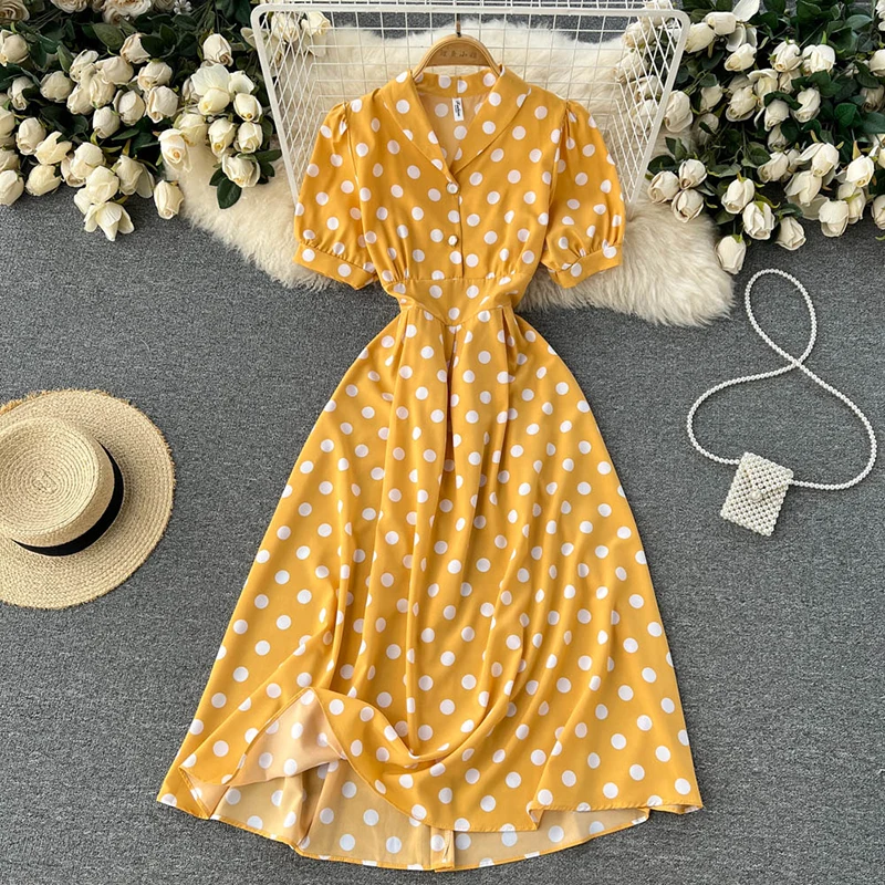

Spring Summer Women Yellow/Green/Red/Blue Polka Dot Midi Dress Vintage V-Neck Short Puff Sleeve High Waist A-Line Vestidos New