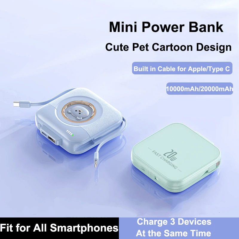 Mini Power Bank de 20000 mAh con cable integrado, diseño de mascota adorable con dibujos animados, carga rápida, cargador portátil, batería externa._voghion.com