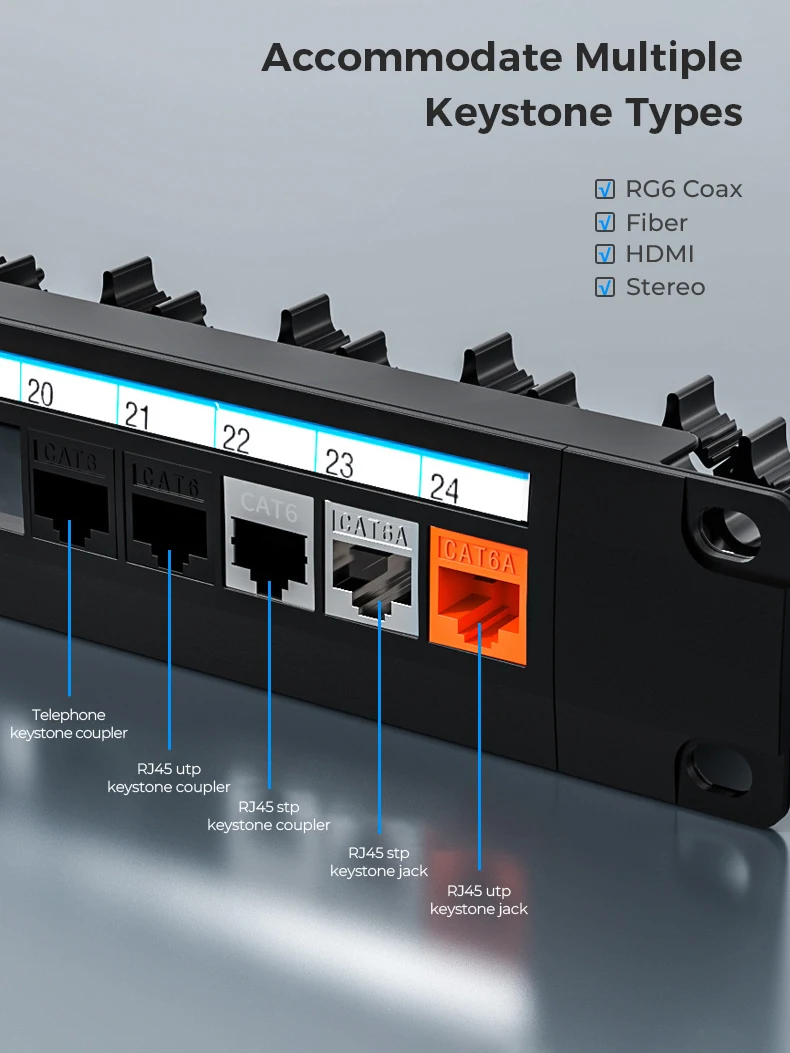Zoerax-utp Patch Panel com Cabo Traseiro Ajustável Barra de Gerenciamento de Cabos para Rj45 Cat5e Cat6 Cat6a Usb Hdmi 24 Port Blank - Imagem 5