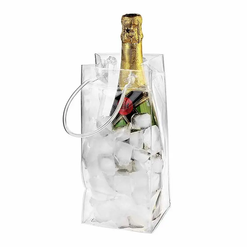 PVC Leakproof Ice Bag ECO Friendly Transparent Ice Pack Portable Bucket Wine Champagne Bottle Chiller with Carry Handle