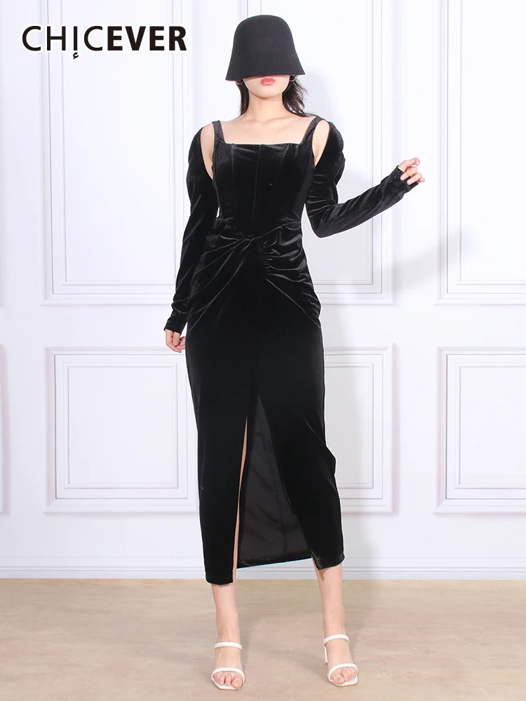 

CHICEVER Sexy Slimming Dresses For Women Square Collar Long Sleeve High Waist Patchwork Folds Elegant Solid Midi Dress Female