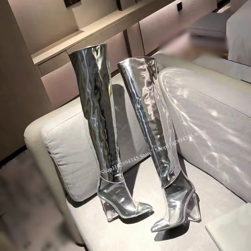 

Clear PVC Patchwork Boots Chunky Heel Over Knee High Fashionable Sexy 2023 Summer Casual Big Size Woman Shoes Zapatillas Mujer