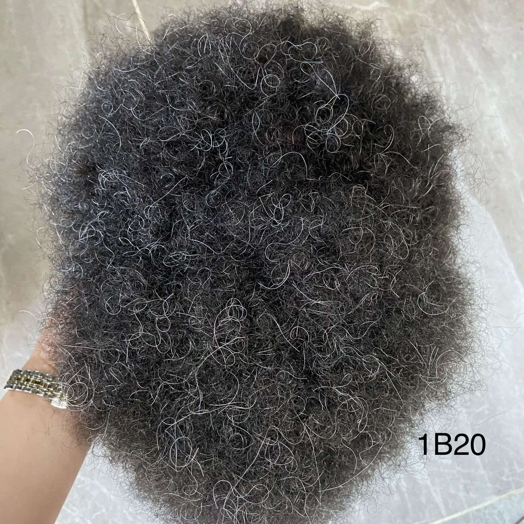 Durable Skin Afro Curly Mens Toupee 6mm Black Man Weave Hair Wig Grey Mixed Kinky Curly Male 100% Human Hair Replacement System