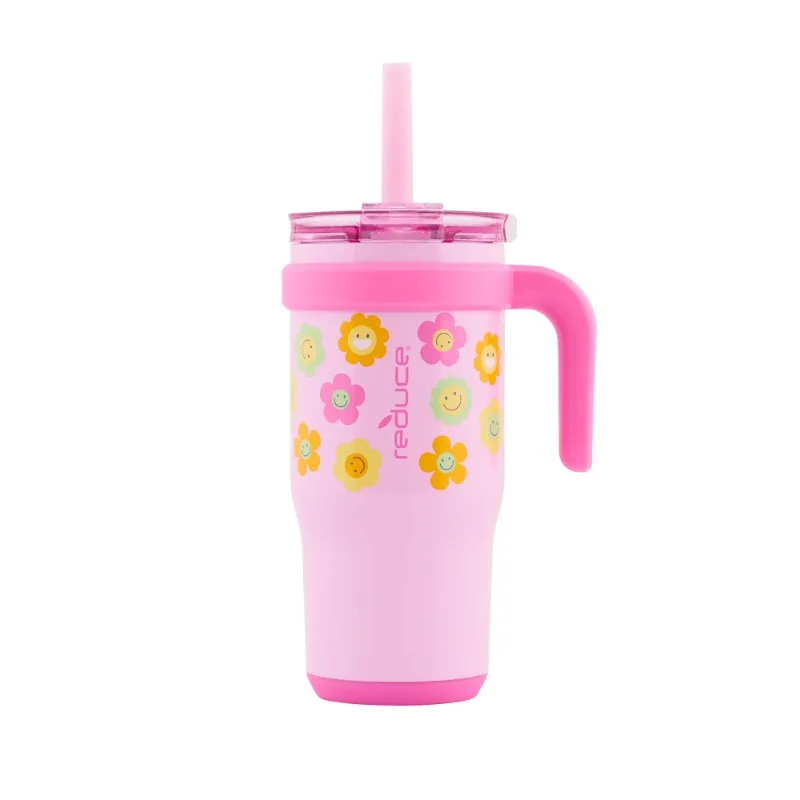 

Reduce Vacuum Insulated Stainless Steel Coldee Mug with Lid and Spill-Proof Straw, Pink Smiley Faces, 18 oz