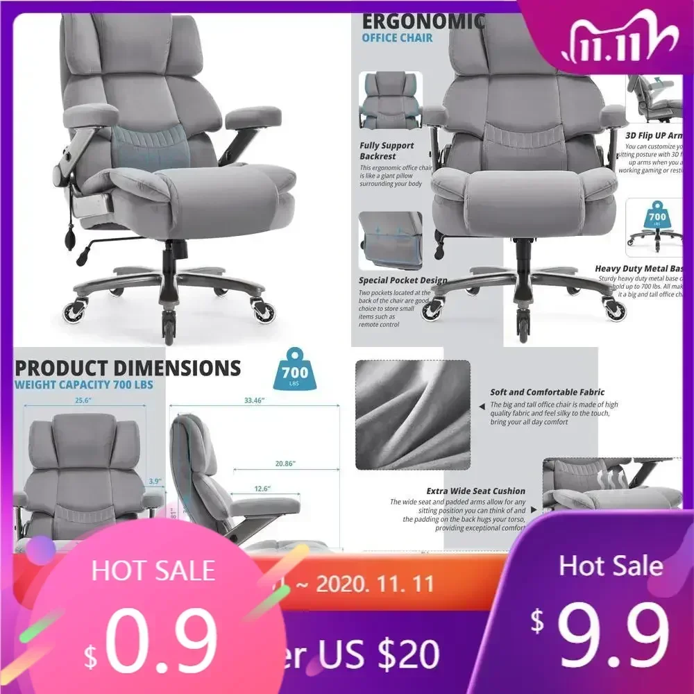"large capacity ergonomic fabric office chair - high back desk chair with adjustable lumbar support and 3d flip arms for 700lbs"