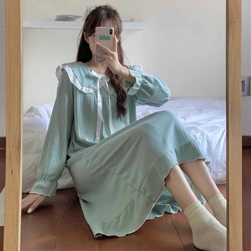 Lace Nightdress Women Fashion Long Sleeve Nightgown Court Style Princess Sleepshirt Sleepwear Spring Nightwear Home Dressin Gown