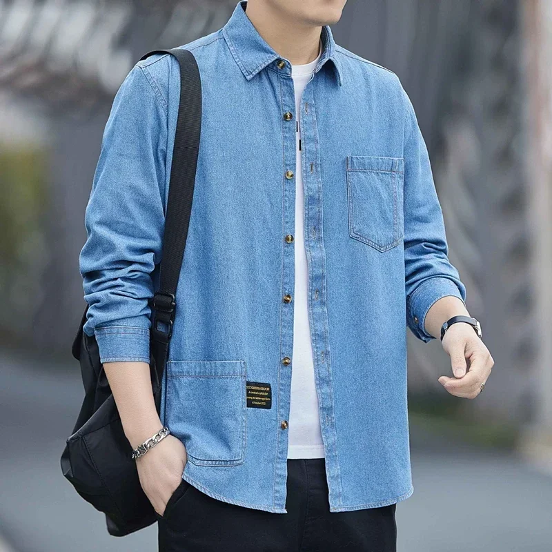 

Рубашка TPJB Мужская джинсовая с длинным рукавом, Классическая тонкая блуза из денима, свободная повседневная, в Корейском стиле, на весну-осень
