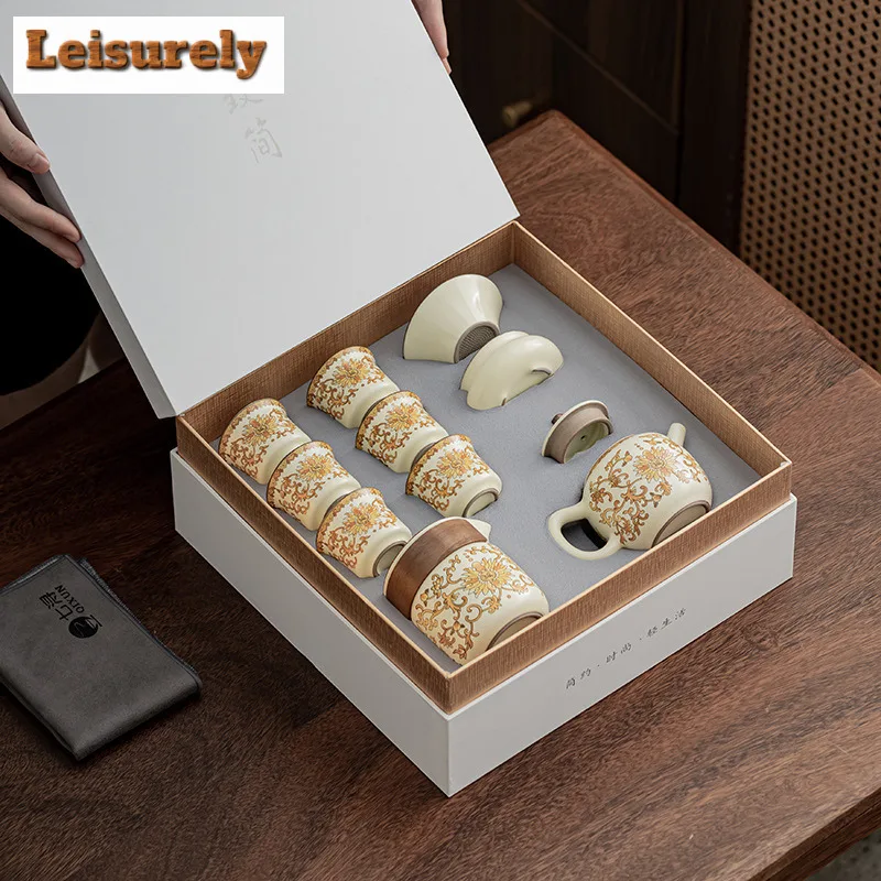 Ru Kiln Golden Flower Blessing Tea Set Complete Set Aesthetic Tea Ceremony Set Teapot and Tea Cup Set Chinese Tea Set Ornaments