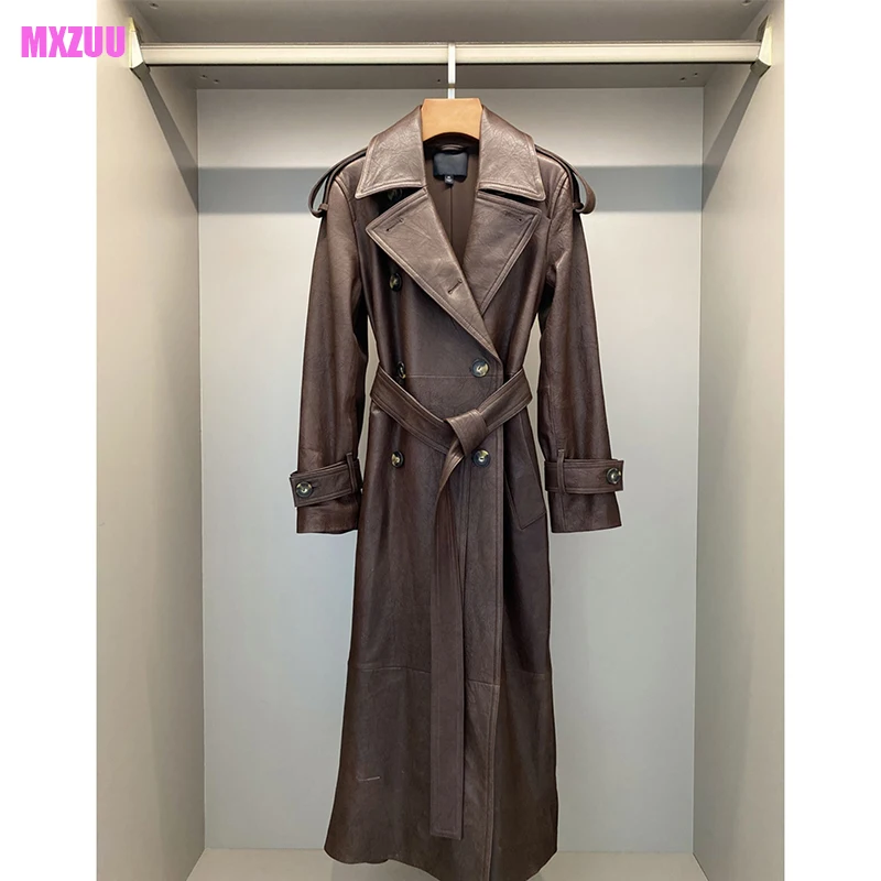 

Women Leather Jacket Autumn Winter Black/Red Coffee Sheepskin Lapel Double Breasted Belt Slim Show Tall Long Trench Coat Dress