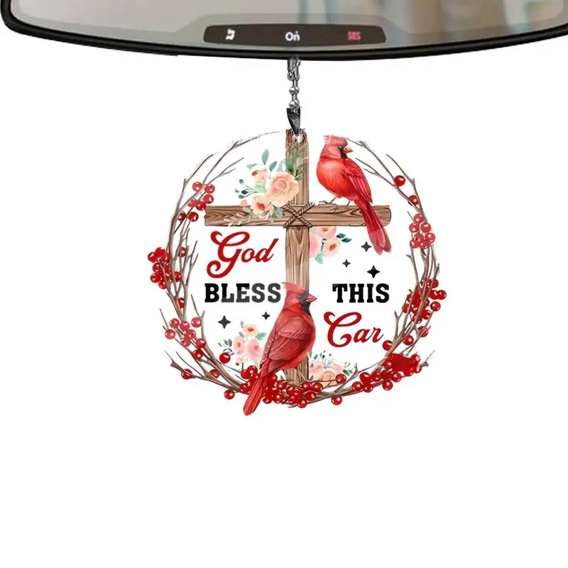 

God Bless This Car Pendant Charm Bless This Car Cardinal Rear View Mirror Hanging Ornament Automobile Decoration Accessories