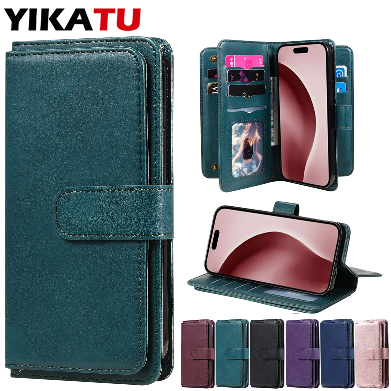 Leather Flip Wallet Phone Case with Card Holder and Stand Feature