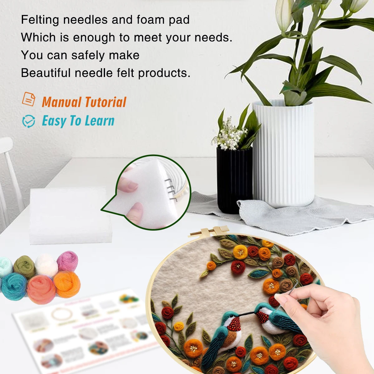 DIY Bird Animal Wool Felting Kit with Embroidery Hoop Complete Needle Felting Starter Set for Beginners Home Decor CHENISTORY