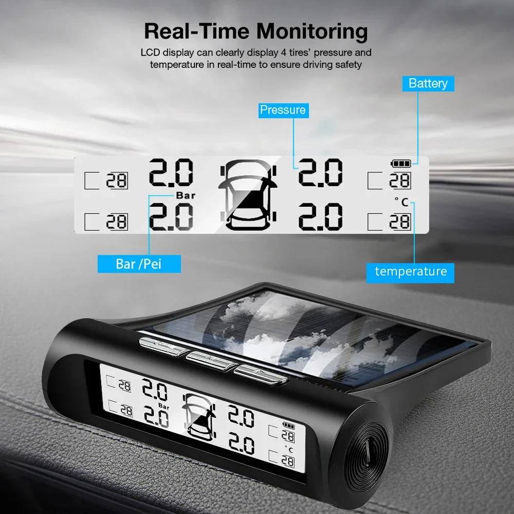 TPMS Car Tire Pressure Monitoring System Solar Powered
