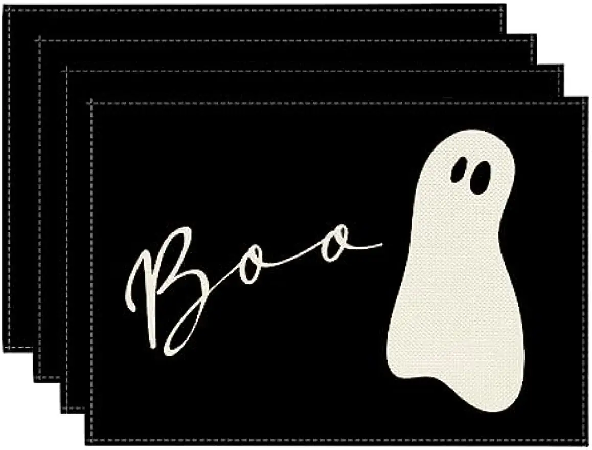 

Boo Ghost Halloween Placemats Set of 4 12x18 Inch Seasonal Black Holiday Table Mats for Party Kitchen Dining Decoration Stocked