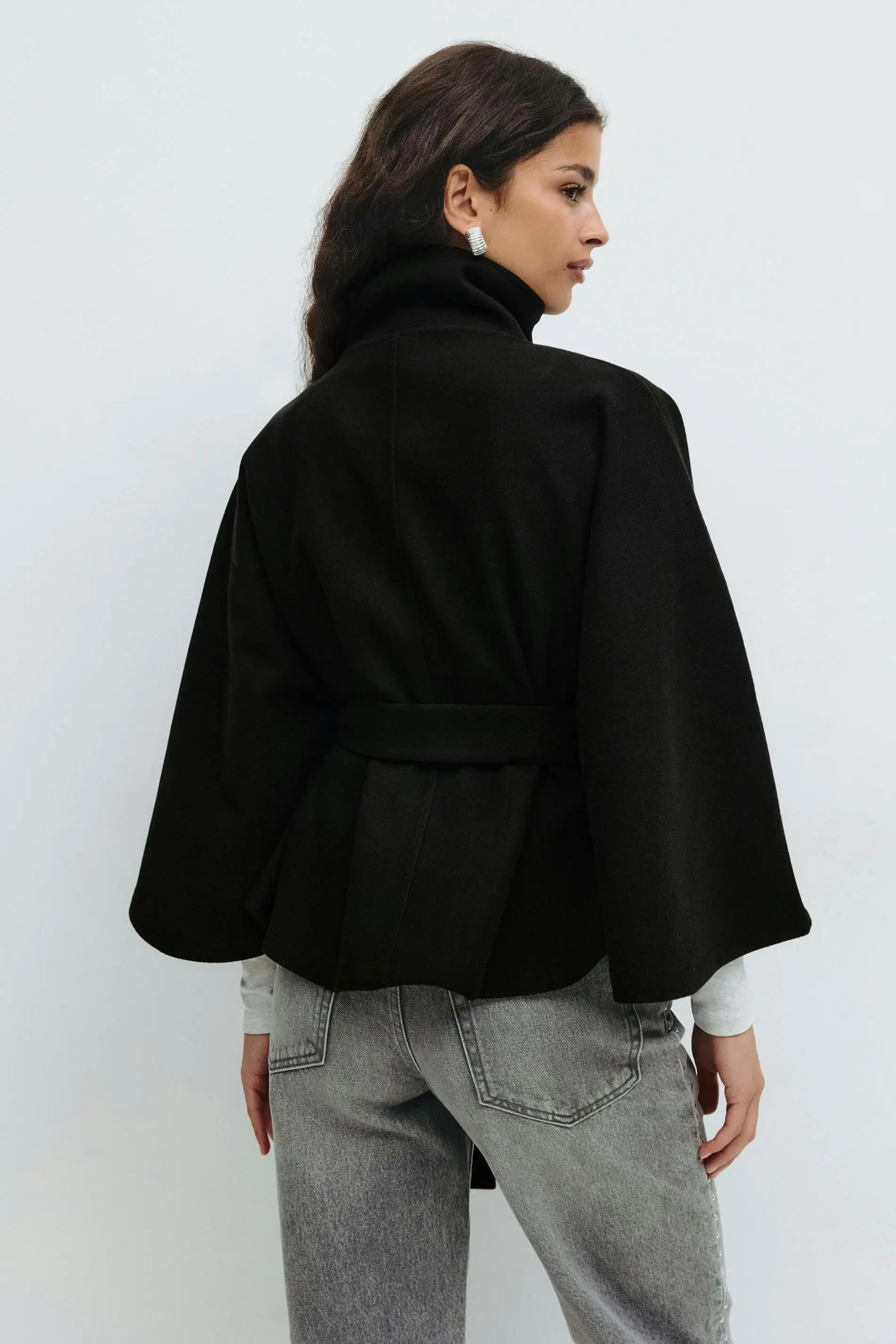 chic vintage cape jacket with belt stand neck single breasted