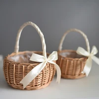 Wedding Flower Girl Basket with Ribbon Handle and Bowknot Natural Rattan Flower Basket for Wedding Ceremony Rustic Home Decor 1
