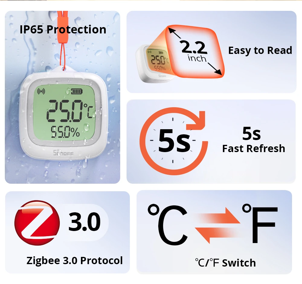 SNZB-02WD Zigbee LCD Smart Temperature Humidity Sensor IP65 Waterproof for Bathr