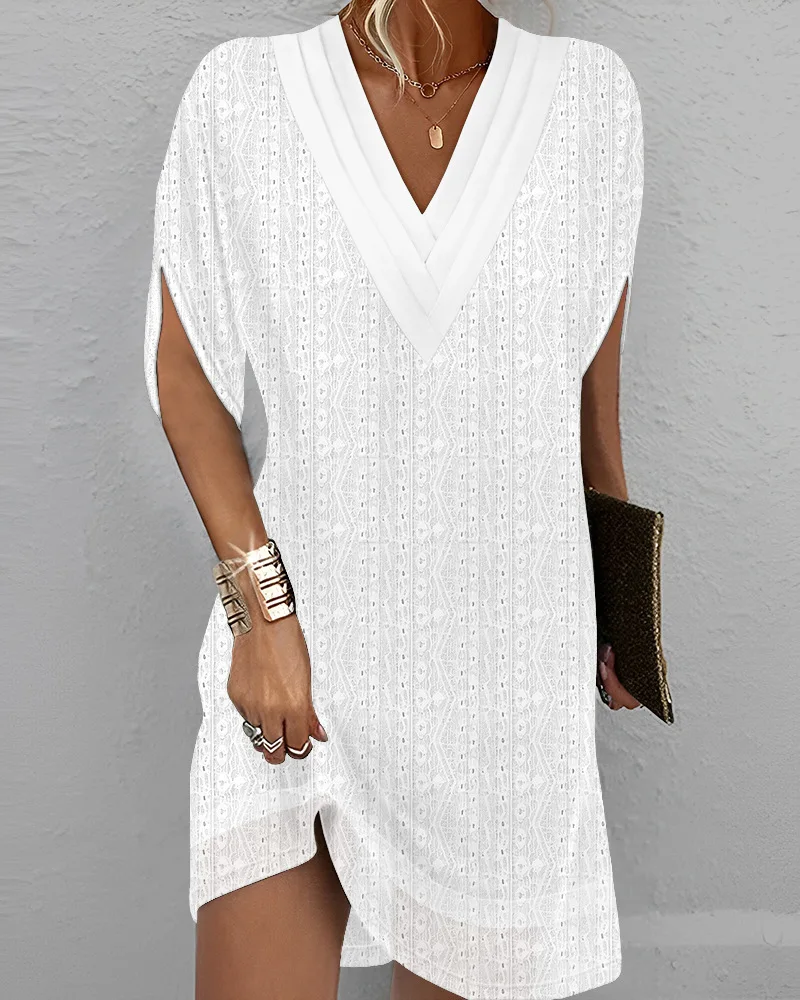 

Spring Summer Eyelet Embroidery V-Neck Half Sleeve Casual Dress Women Elegant White Mini Dresses Retro Lady Office vestidos