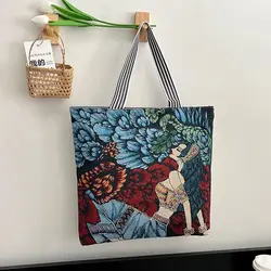 Retro For Girls Flower Storage Bag Travel Bag Shopping Bag Women Art Handbag Shoulder Bag Painted Tote Bag Canvas Bag