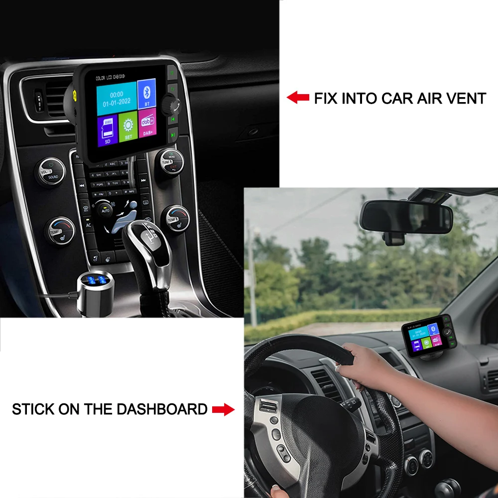 Podofo Receptor de radio digital DAB con pantalla LCD de 2,4 pulgadas, adaptador de audio para coche, transmisor FM DAB Plus, función BT y AUX, compatible con vehículos Tesla, BMW, Ford de todas las series 2