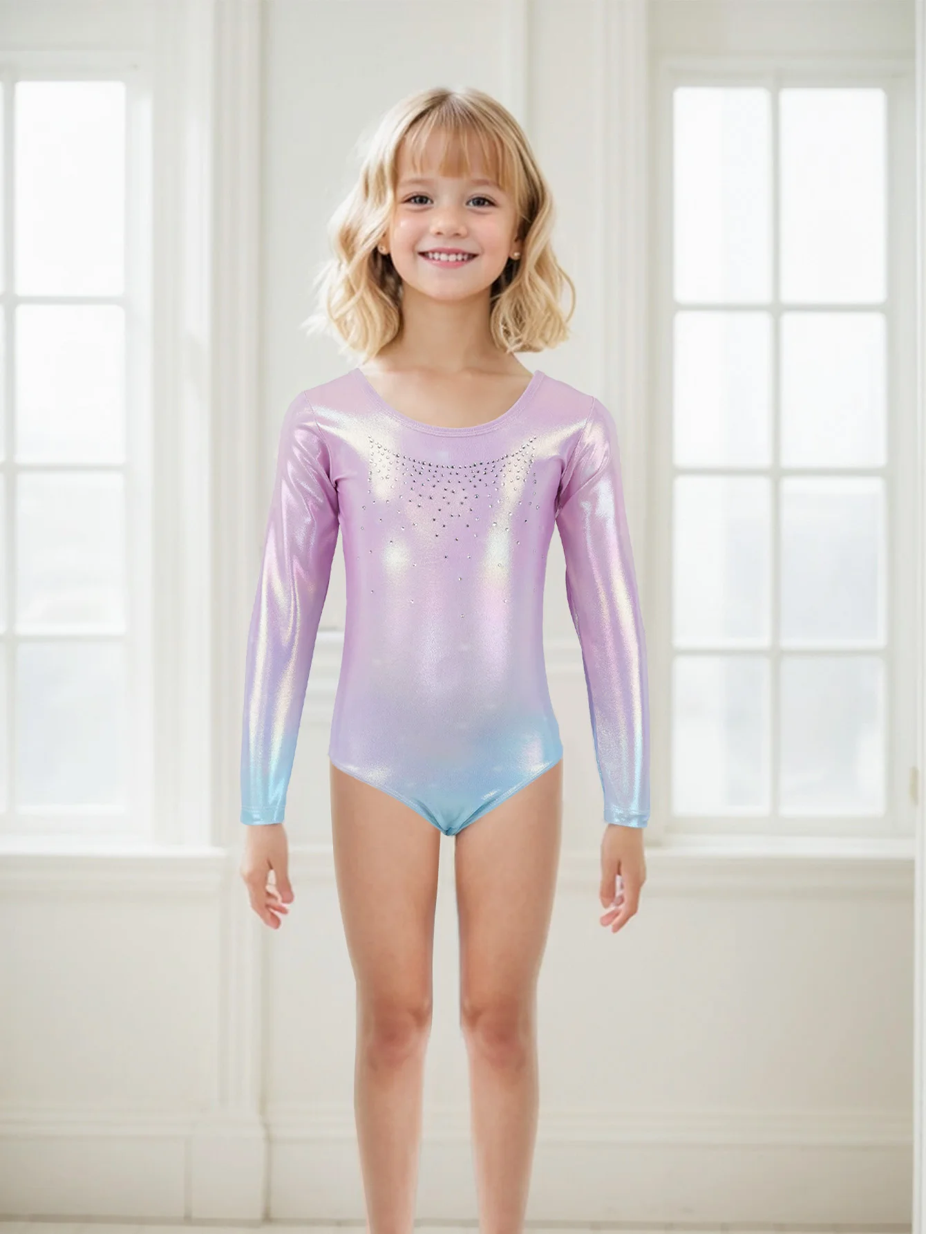NEW Leotards for Girls Gymnastics Long Sleeve Sparkly Dance Biketards with Shorts Ballet Tumbling Outfit for 3-12 Years 2