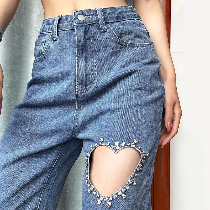 Female Mom Jeans High Waist Women Blue Heart Hole Diamond Denim Trousers Straight Leg Baggy Ripped Pants Streetwear 2024 Jeans