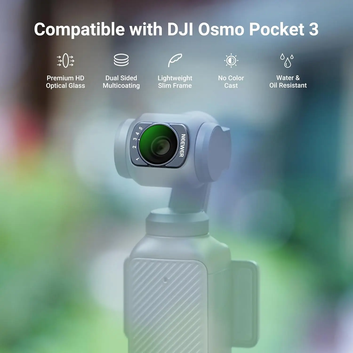 Filtre ND variable pour DJI Osmo Pocket 3 en cours d'installation sur l'objectif