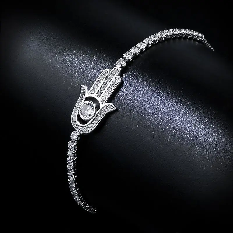 OCESRIO Paved Zircon Hamsa Silver Color Charm Bracelet Hand of Fatima Adjustable Women Fashion Jewelry