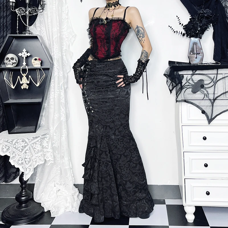 Goth Black Floral Velvet Mermaid Bodycon Long Skirts for Women Y2K Vintage Elegant Eyelet Bandage High-waist Fashion Skirt