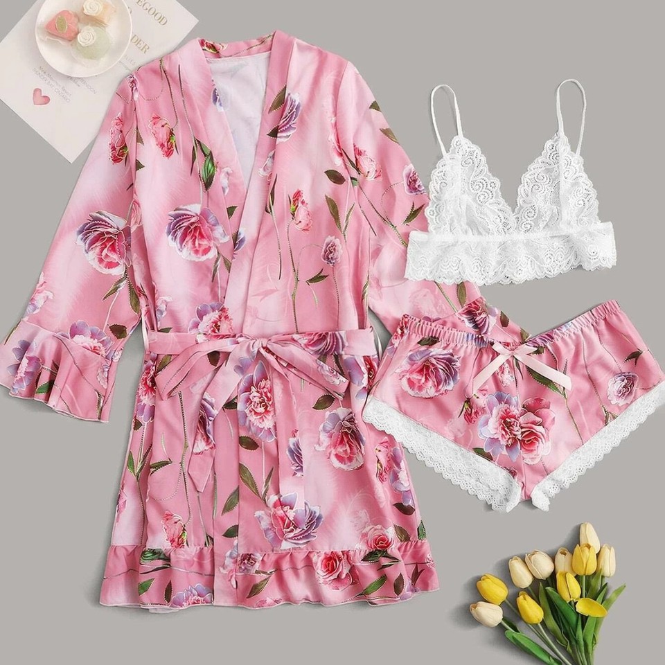 Luxury 3-Piece Printed Satin Lounge Set - Lace Trim Camisole + Shorts + Kimono Robe | Women's Sexy Sleepwear