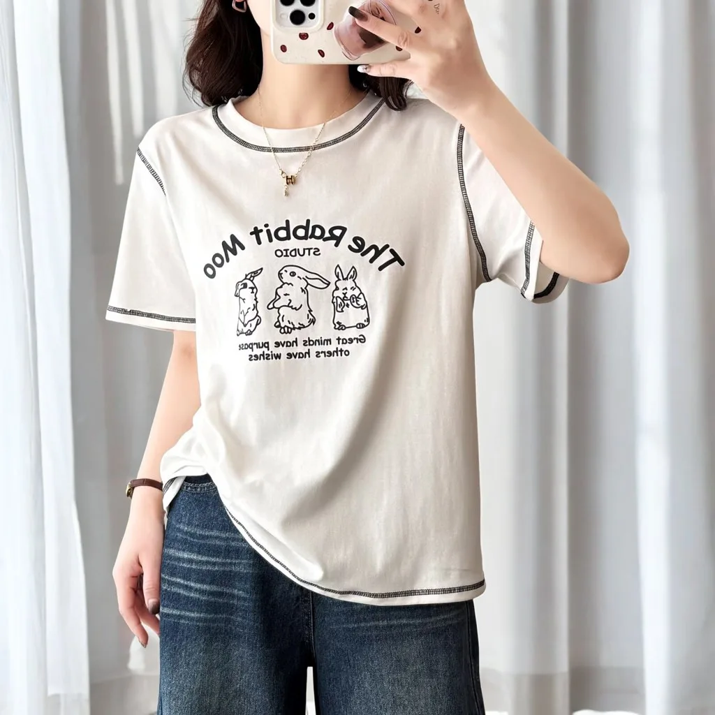 Summer New 100kg Plus Size Top Temperament Casual Bright Line Printed Cartoon Tees short-sleeved Women's T-shirt 2502